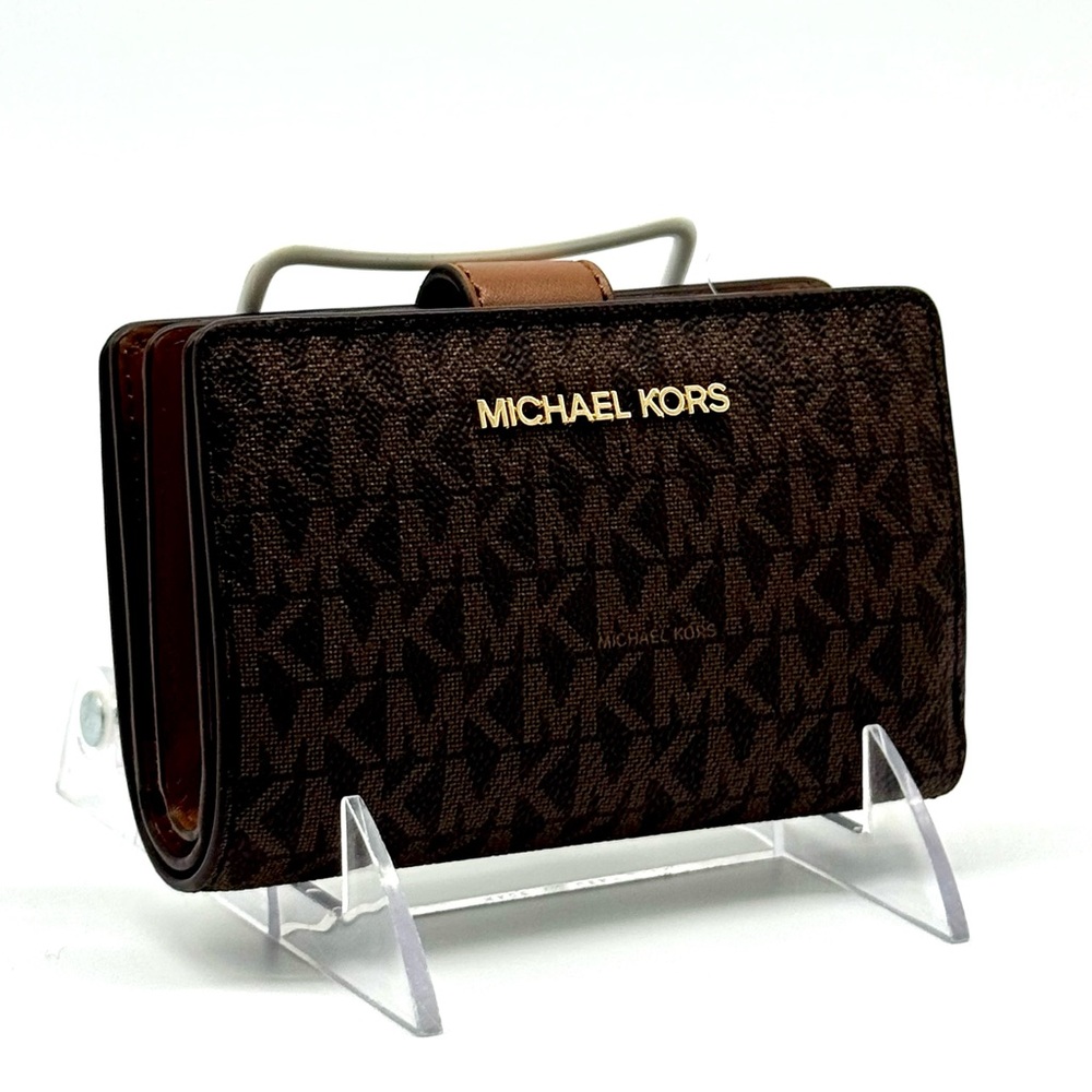 Michael Kors Medium Jet Set Travel Zip Chain Bifold Wallet - Brown Signature - Picture 3 of 7